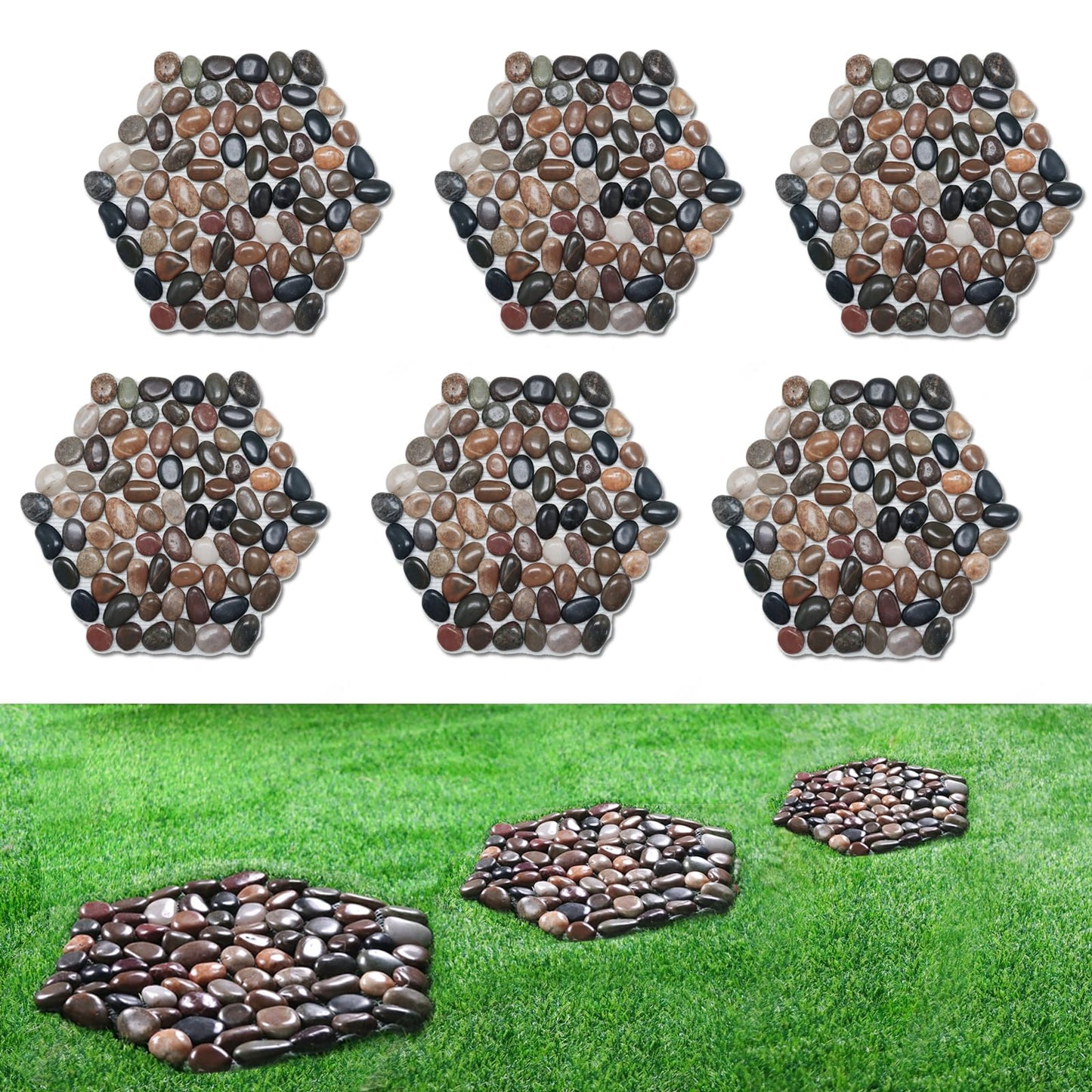 12 inch River Rock Stepping Stone - Pavers for Outdoor Garden Walkway, Landscaping,Hexagon Set of 6
