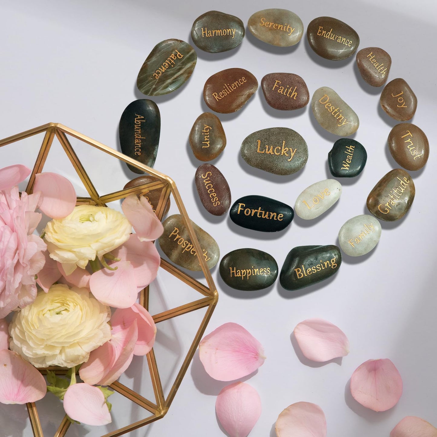 27 PCS Engraved Inspirational Stones Golden Words Gift Stones with Inspirational Words for Friends and Family Encouragement Rocks for Praying and Decoration