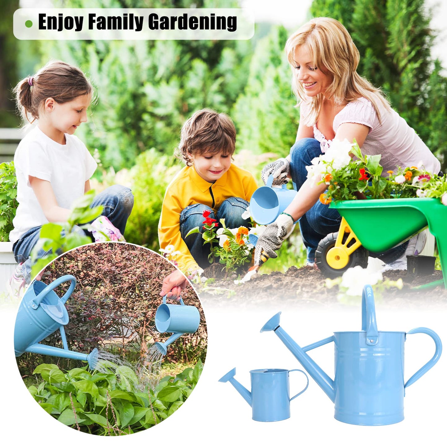 Metal Watering Can (1 Gallon) for Outdoor&Indoor Plants with Free Small Watering can for Kids, Plant Watering Can with Removable spout, Perfect for Garden Flower, Houseplants, Blue