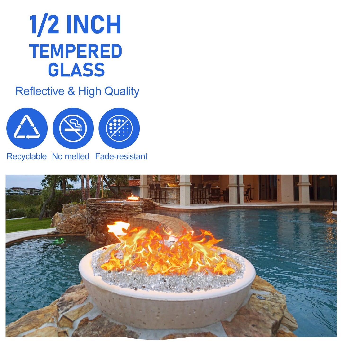 Fire Glass for Fire Pit - 1/2 inch Reflective Fire Glass Rocks for Propane and Gas Fireplace