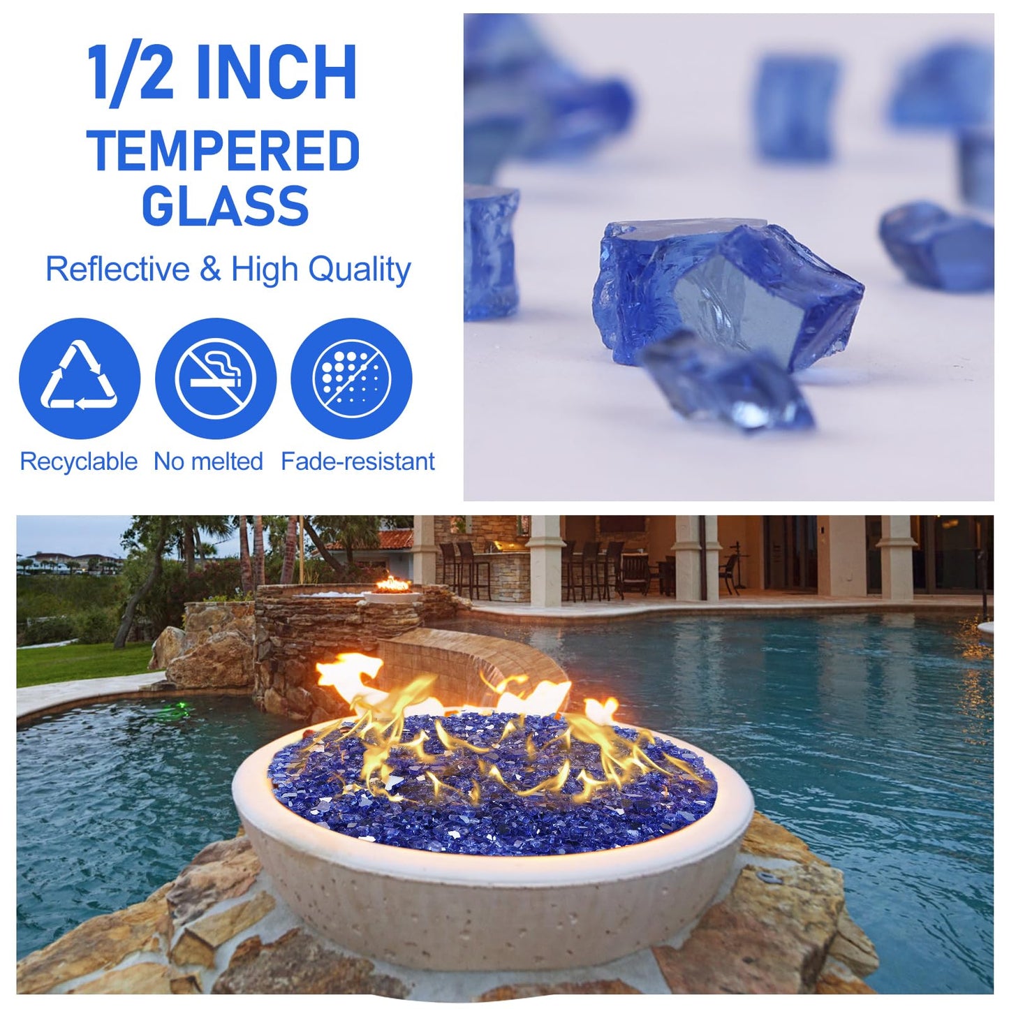 Fire Glass for Fire Pit - 1/2 inch Reflective Fire Glass Rocks for Propane and Gas Fireplace