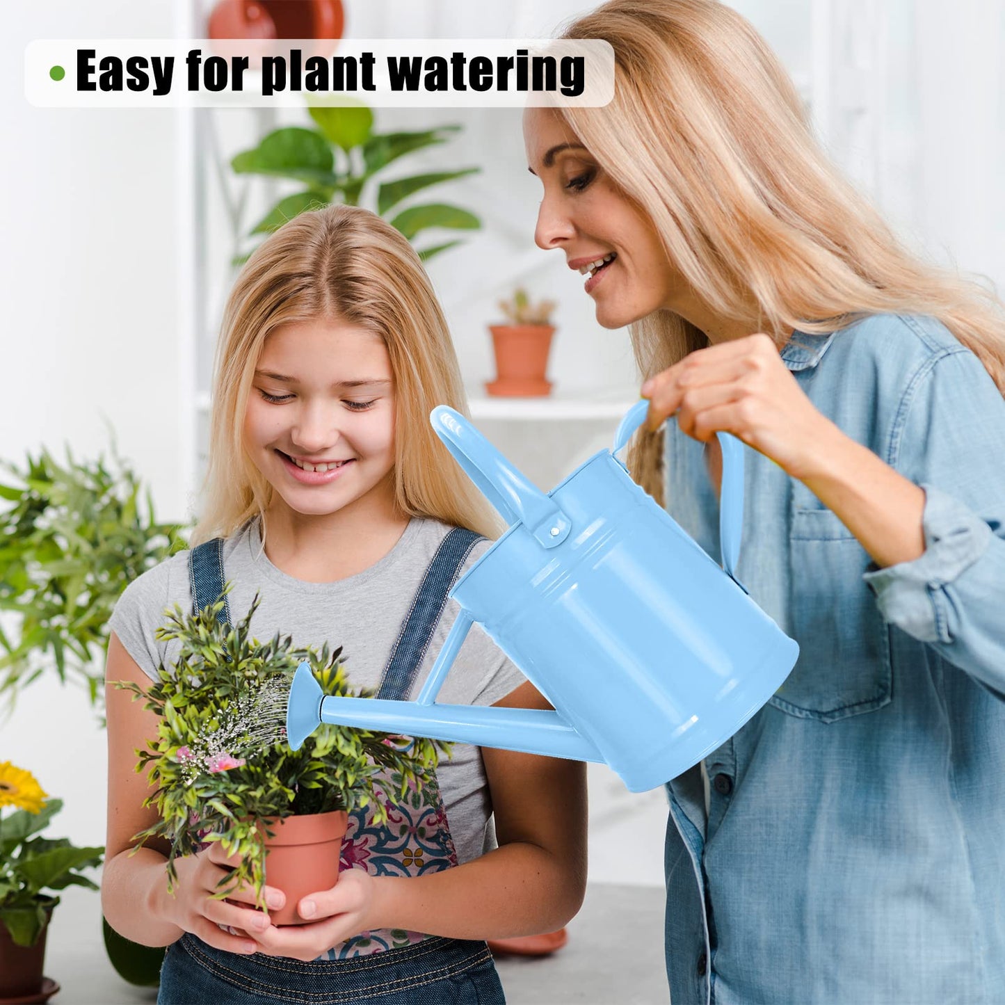 Metal Watering Can (1 Gallon) for Outdoor&Indoor Plants with Free Small Watering can for Kids, Plant Watering Can with Removable spout, Perfect for Garden Flower, Houseplants, Blue