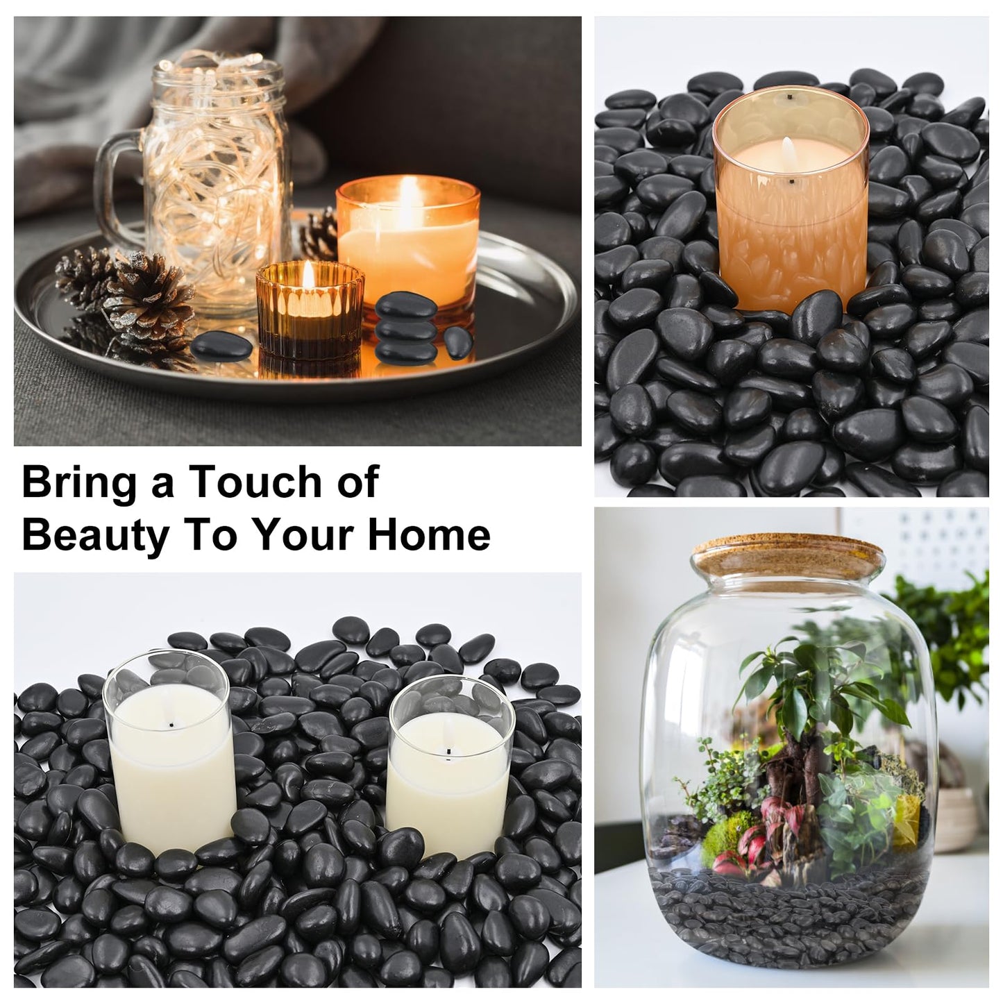 Black Decorative Pebbles for Plants- River Rocks for Outdoor Landscaping- 0.3"-0.8" inch High Polished Stones for Aquarium, Terrarium,Vases, Home Decor