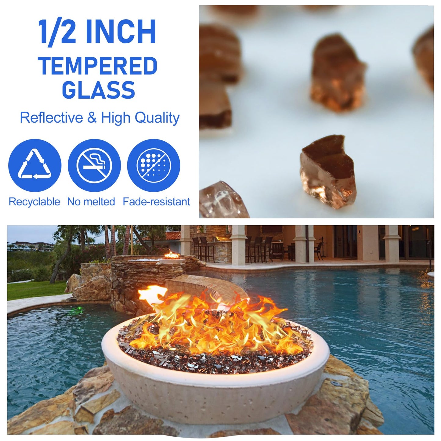 Fire Glass for Fire Pit - 1/2 inch Reflective Fire Glass Rocks for Propane and Gas Fireplace
