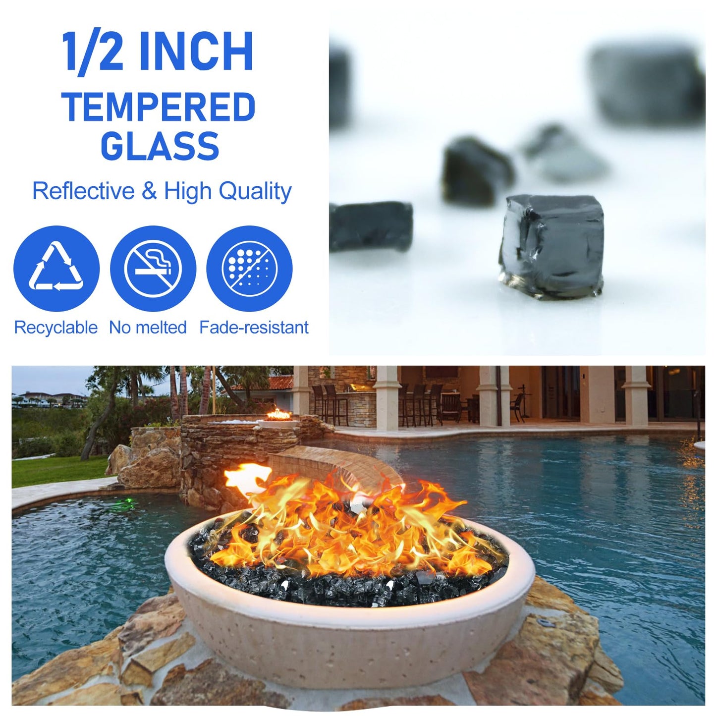 Fire Glass for Fire Pit - 1/2 inch Reflective Fire Glass Rocks for Propane and Gas Fireplace