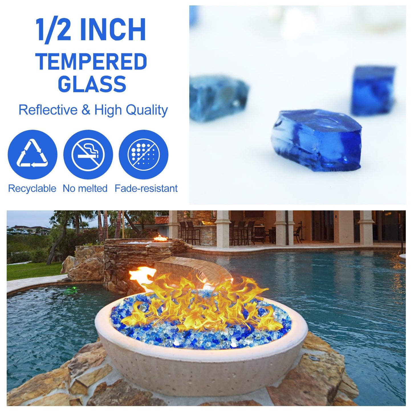 Fire Glass for Fire Pit - 1/2 inch Reflective Fire Glass Rocks for Propane and Gas Fireplace